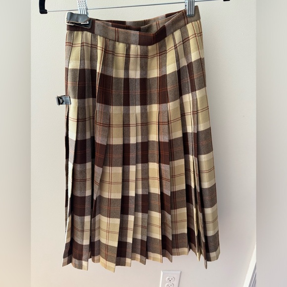 Vintage Wool Tartan Neutral Tan Brown Plaid Pleated Skirt Kilt w/Buckles 24" - Picture 2 of 5